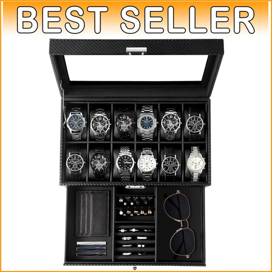 Luxury Faux Leather Watch Box – 12 Slots, Velvet Interior, Ideal Gift for Men