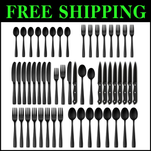 Complete 48-Piece Stainless Steel Matte Black Silverware Set for Upscale Dining