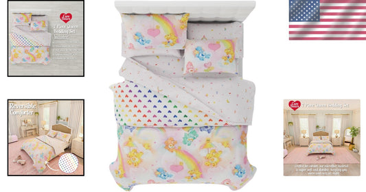 Care Bears Retro Rainbow 7-Piece Queen Bedding Set - Super Soft Comforter