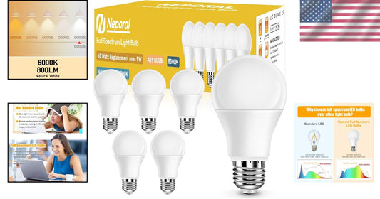 6000K Bright White LED Light Bulbs - 9W Energy Efficient A19, E26 Base, 6 Pack