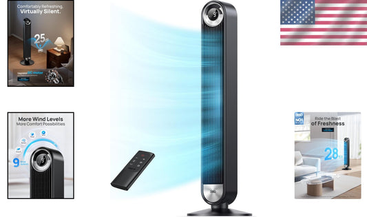 Elegant 90° Oscillating Tower Fan - Remote Control, 25 dB Silent Operation