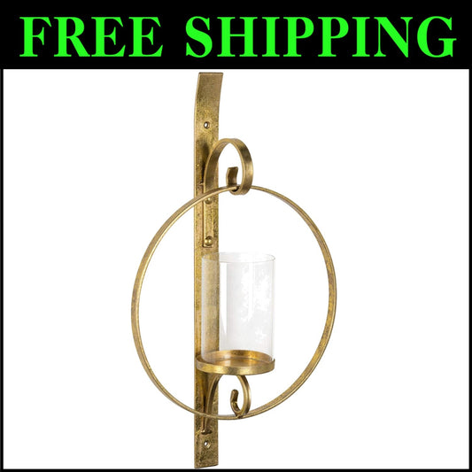 Elegant Round Gold Wall Sconce with Glass Pillar Holder - 21.75" Height