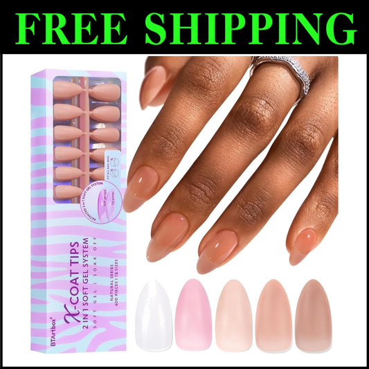 All-in-One 600 PCS Soft Gel Almond Nail Tips - 5 Colors & 15 Sizes for DIY Art