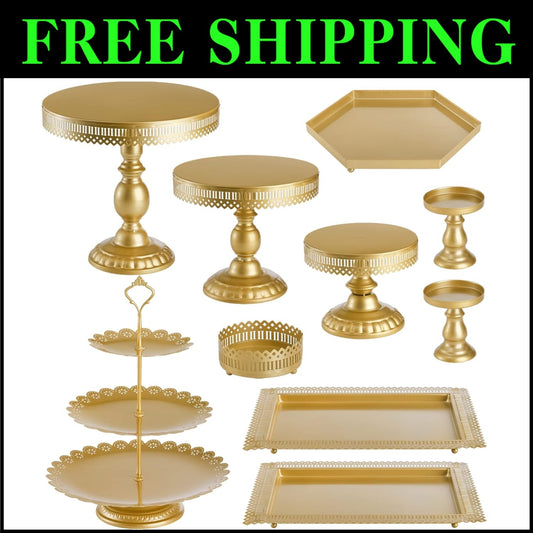 Versatile Gold Metal Dessert Towers - 10-In-1 Cake Stand Set for Celebrations
