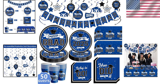 Convenient Graduation Party Supplies Set with Decor for 50 Guests - Blue