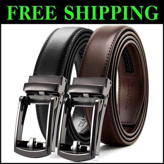 Men's Luxury Adjustable Ratchet Leather Belt Pack of 2 - Black, Fits All Sizes