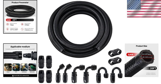6AN Fuel Hose Kit - 20FT Nylon Braided Line with 10 Swivel Ends & Clamps - Black