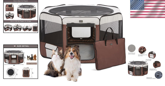 Lightweight Brown Pet Playpen for Small Dogs and Cats - 8 Panel, Removable Top