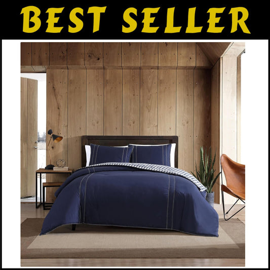 King Comforter Set - Reversible Cotton Bedding with Plaid Shams in Kingston Navy