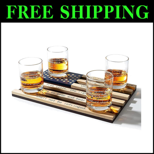 Patriotic Whiskey Rocks Glasses Set with Elegant Wood Tray - 2nd Amendment Gift
