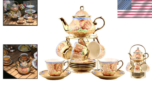 20-Piece European Porcelain Tea Set with Golden Holder - Flower Pattern