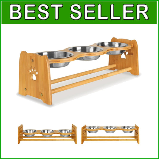 Stylish Elevated Dog Feeder with Anti-Slip Bamboo Base & Stainless Steel Bowls
