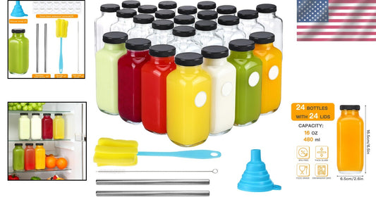 24 pcs Vintage 16oz Glass Juice Bottles with Lids & Labels - Reusable Elegance
