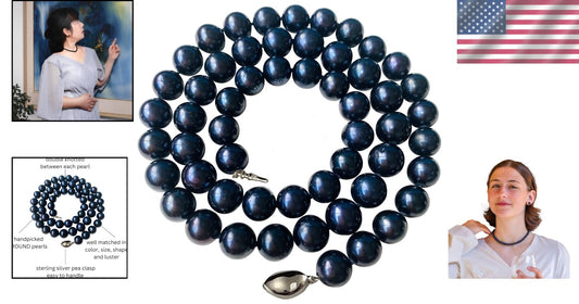 Double Knotted 16-Inch Black Pearl Choker with Sterling Silver Clasp, Gift-Ready