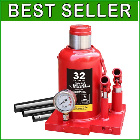 32 Ton Heavy Duty Double Piston Car Bottle Jack with Gauge - Red, 16.54" Lift
