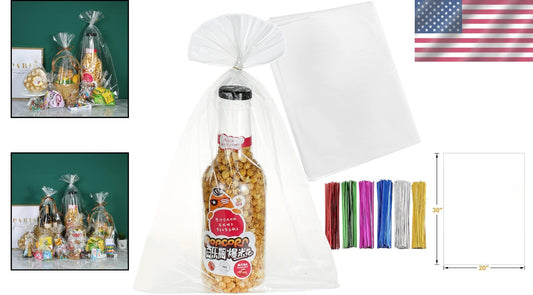 100 Pcs Premium 20"x30" Clear Cello Treat Bags with Colorful Twist Ties