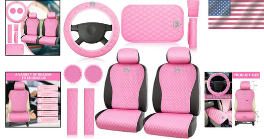 Elegant 14-Piece Pink Car Accessory Collection with Rhinestone Steering Wheel