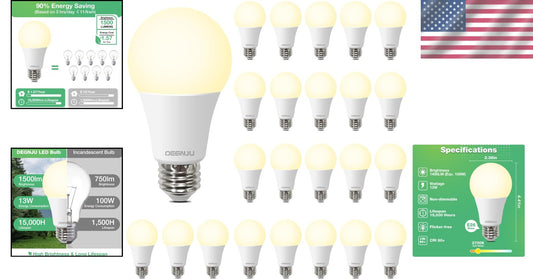 Energy Efficient 13W Soft White LED Bulbs - 1500 Lumens, Long Lifespan, 24 Pack