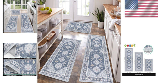 Non-Slip Kitchen Runner & Mats Set - 3-Piece Floral Rugs for Indoor/Outdoor Use