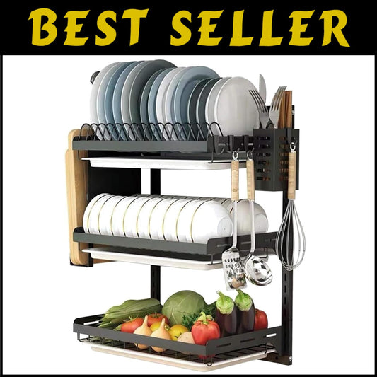 3-Tier Black Stainless Steel Dish Rack with Utensil Holder - Space-Saving Design