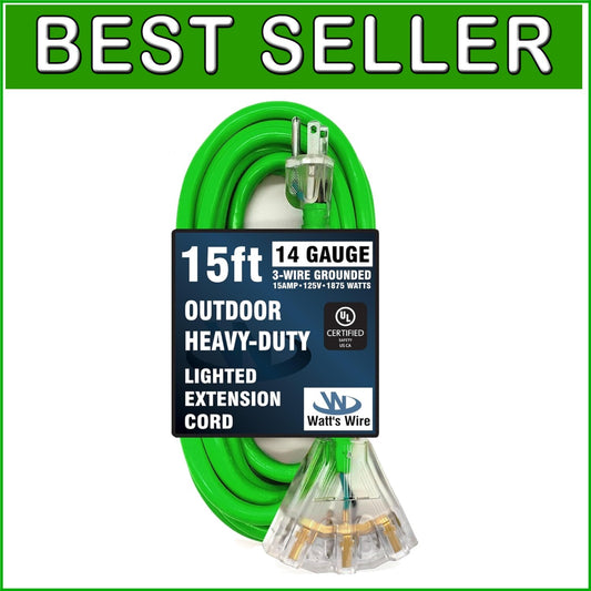 Durable 15 ft Green Extension Cord, 3 Outlet, 14 Gauge for Safe Performance