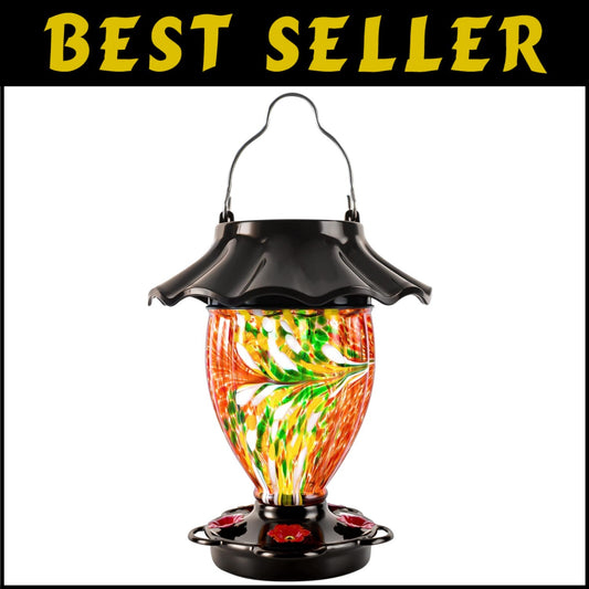 Color Changing Solar Hummingbird Feeder - Hand Blown 32 fl.oz Glass Lantern