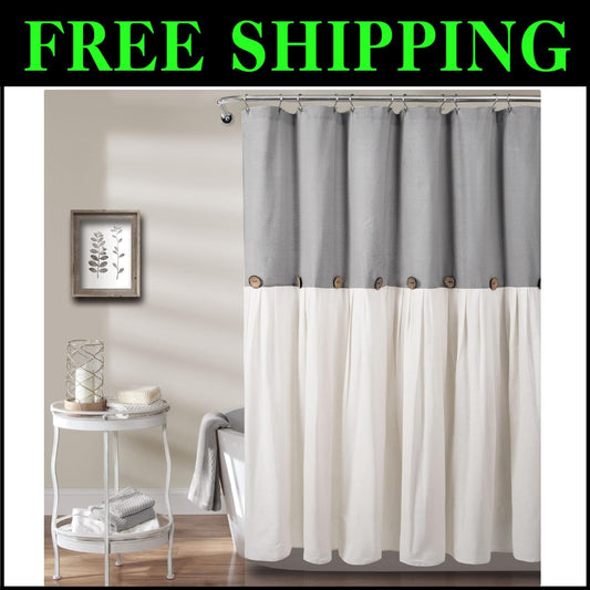 Farmhouse Style Shower Curtain with Coconut Buttons, 72"W x 78"L - Rustic Appeal