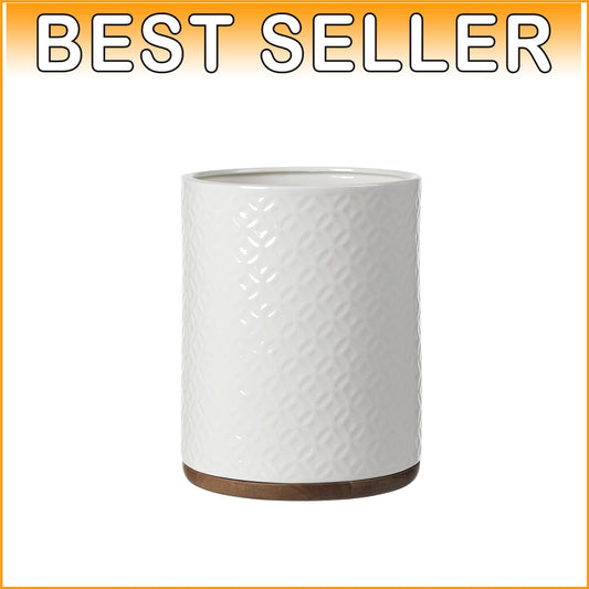 Ceramic Decorative Trash Can with Wooden Base - Luxurious Bathroom Wastebasket