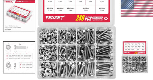 Versatile 240PC Flanged Bolts & Nuts in Stainless Steel - Ideal for Repairs