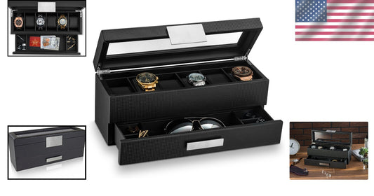 Stunning 6 Slot Men's Watch Organizer with Valet Drawer & Faux Leather Interior
