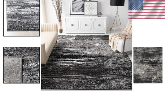 Modern Abstract Area Rug 9' x 12' - Silver & Black, Stain Resistant Elegance