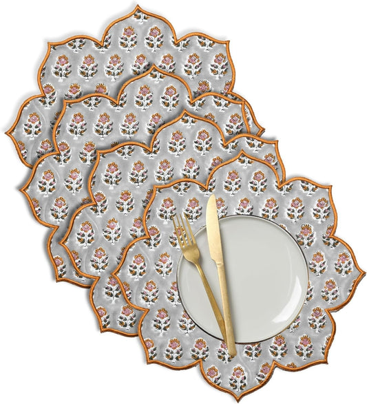 Set of 4 Cotton Block Printed Flower Placemats - Versatile Round Table Mats