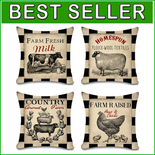 Cozy Farmhouse Throw Pillow Covers 18x18 Set of 4 - Sheep, Chicken, Cow