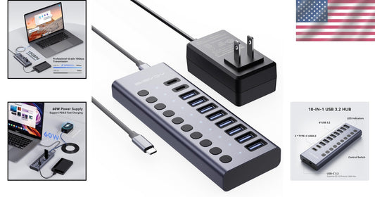 High-Speed USB 3.2 Hub: 10 Ports with Fast 10Gbps Data Transfer & Power Adapter