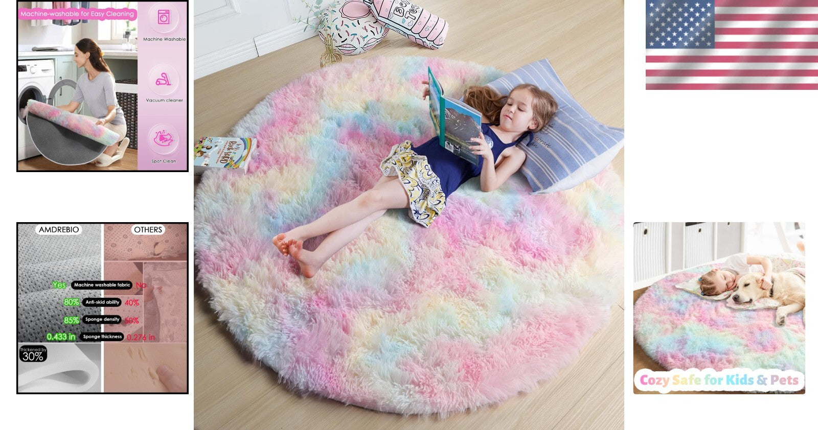 Soft 5Ft Pastel Round Rug - Cozy Fluffy Carpet for Toddler Unicorn Rooms