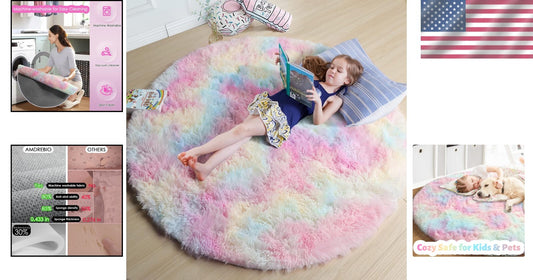 Soft 5Ft Pastel Round Rug - Cozy Fluffy Carpet for Toddler Unicorn Rooms