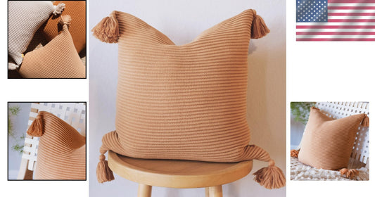 20x20 Baked Clay Cotton Pillow Cover with Tassels - Textured Rib Knit Design