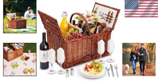 Essential Rustic Wicker Picnic Set for 4 with Insulated Cooler & Glasses