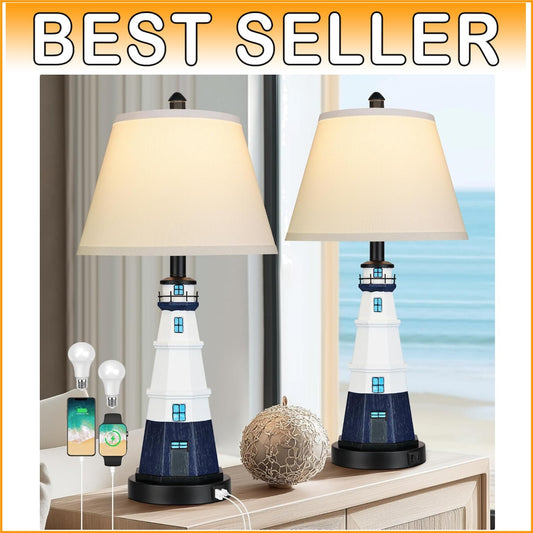 Coastal-Inspired Lighthouse Table Lamps Set of 2 with LED Bulbs Included