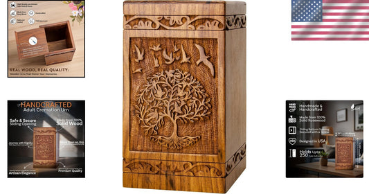 Artisan-Crafted Wooden Urn for Ashes - 250 lbs Capacity with Sliding Opening