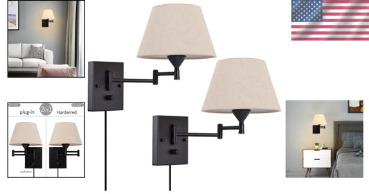 Elegant Plug-In Wall Sconce Set of 2 with Adjustable Swing Arm & Fabric Shade