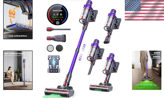 Smart Cordless Vacuum with 45KPA Suction, Auto Mode & 60 Mins Runtime for Homes