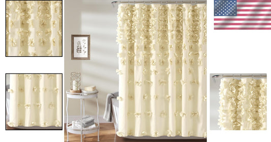 Elegant Buttercream Shower Curtain 72" with Handmade Bows - Vintage Glam Decor