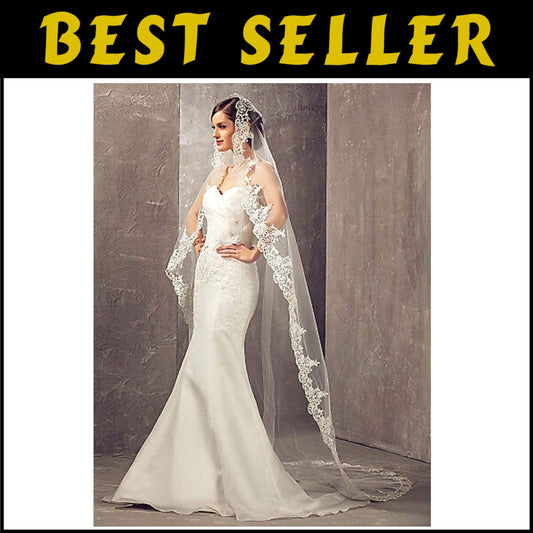 Elegant Lightweight Bridal Veil - 106 Inch Tulle with Lace and Secure Comb