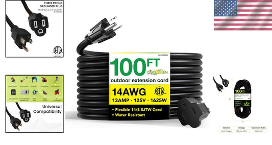 Moisture Resistant 100ft Black Extension Cord - 13A, 125V for Outdoor Tools