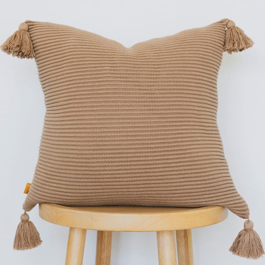 Beautiful 18 Inch Cotton Throw Pillow Cover with Tassels in Striped Mocha Design