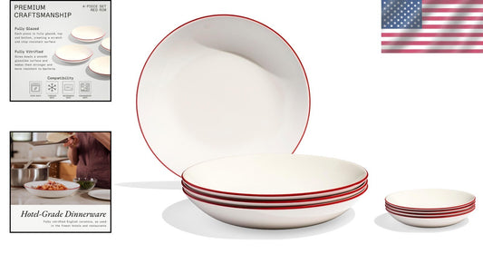 Elegant White and Red Rim Entrée Bowls - 10-Inch, Dishwasher and Microwave Safe