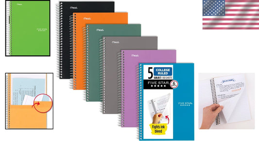 Durable 5 Subject Spiral Notebooks - 180 Sheets, Assorted Colors, Soft Cover