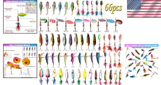 Premium Spinner Baits & Lures Kit Includes 66pcs for Bass, Pike, Trout Fishing