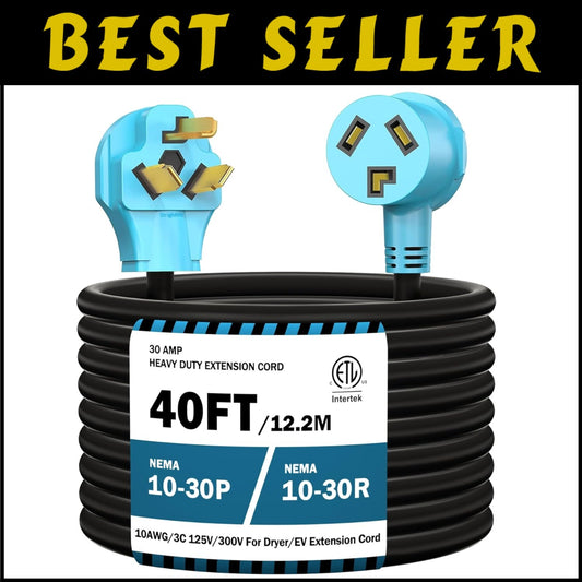 30A 40FT EV Charging/ Dryer Extension Cord - Heavy Duty & Plug-and-Play Design